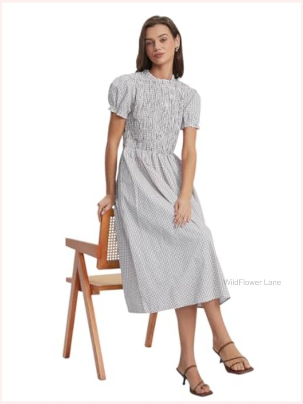 Puff Short Sleeve Plaid Flowy Boho Beach Gingham Smocked Vacation Midi Sundress - Picture 6 of 6